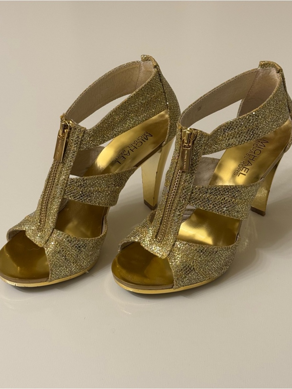 Michael Kors Glitter Gold Strappy Zip High Heels Size 6 - Picture 2 of 9